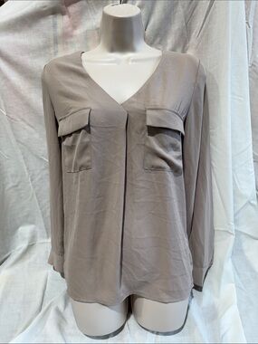 Forever 21 Taupe V-Neck Long Sleeve Pocket Blouse